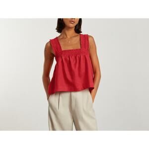 Everlane L The Smocked Linen Cami Red Tank Top Stretch Cross Straps Lightweight